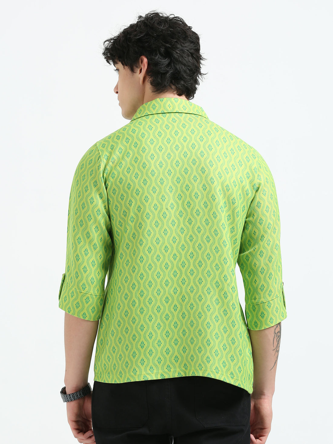 Men’s Indie Printed Woven Shirts With Pocket - Green Motif Lines