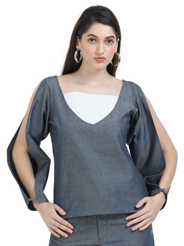 Women's rPET Crop Top With Panel Cut Out Sleeve – Dark Navy