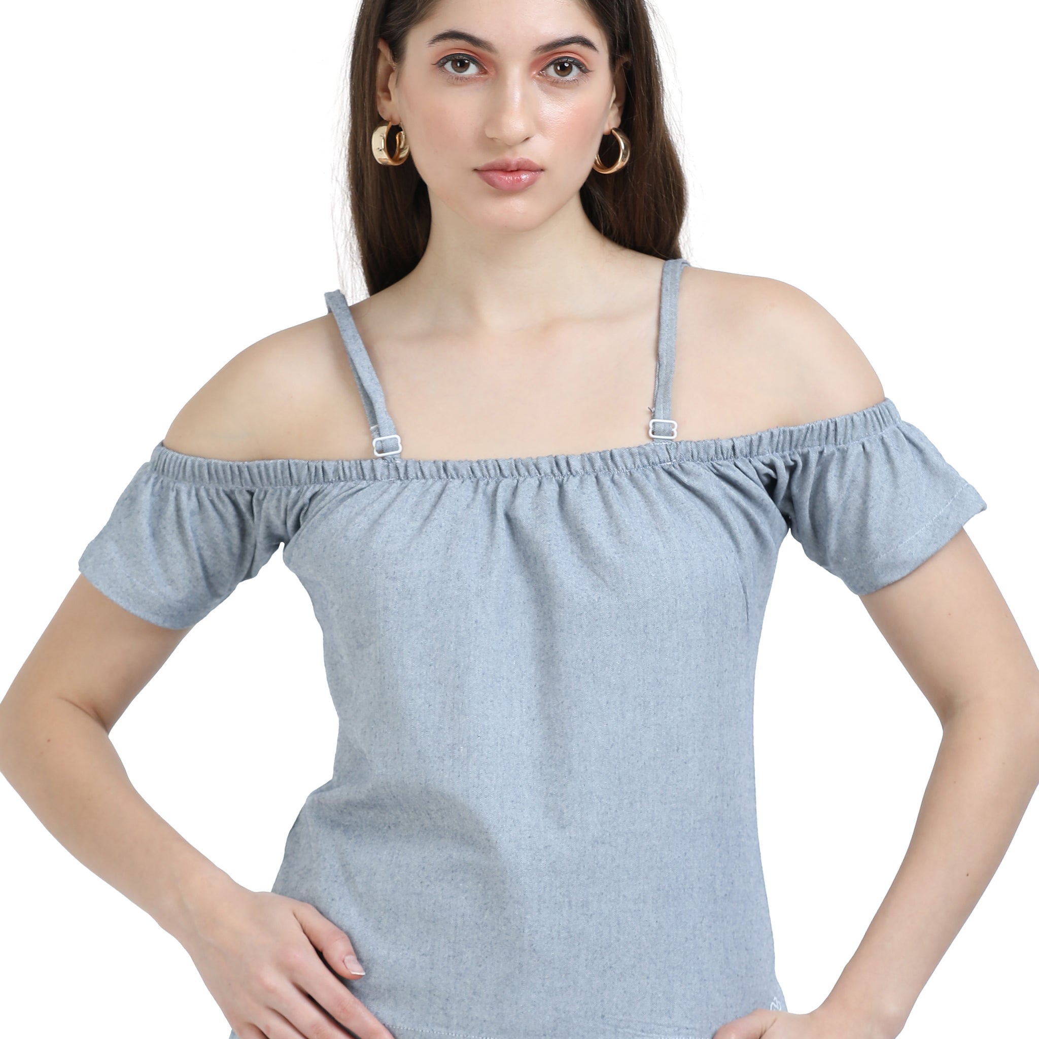 Women's rPET Off Shoulder Crop Top With Shoulder Strap – Light Navy