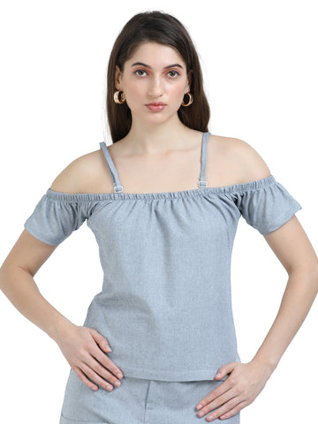 Women's rPET Off Shoulder Crop Top With Shoulder Strap – Light Navy