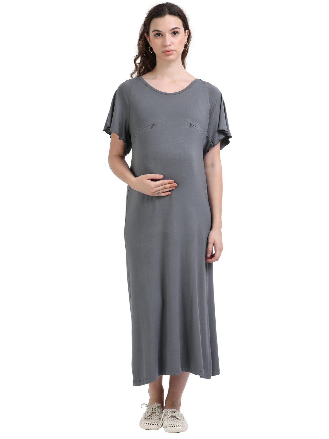 Women's Full Length Maternity Nighty With Bamboo Fabric - Titanium Grey