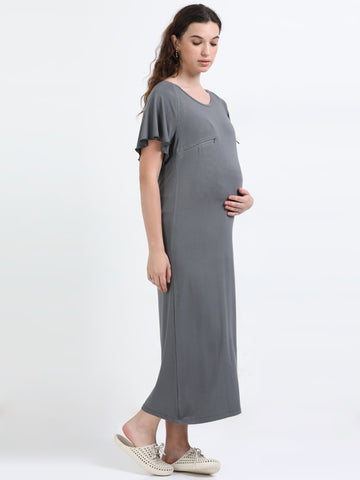 Women's Full Length Maternity Nighty With Bamboo Fabric - Titanium Grey