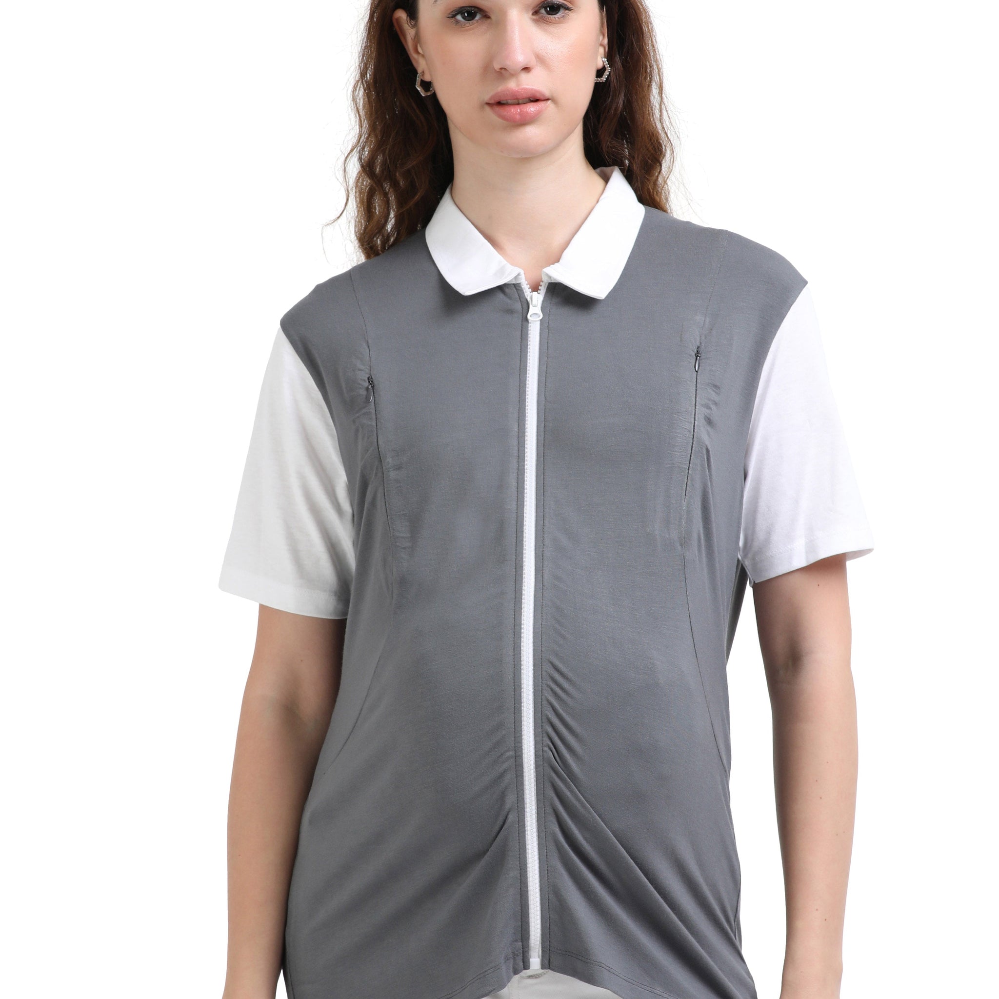 Women's Zip Front Maternity Shirt With Bamboo Fabric