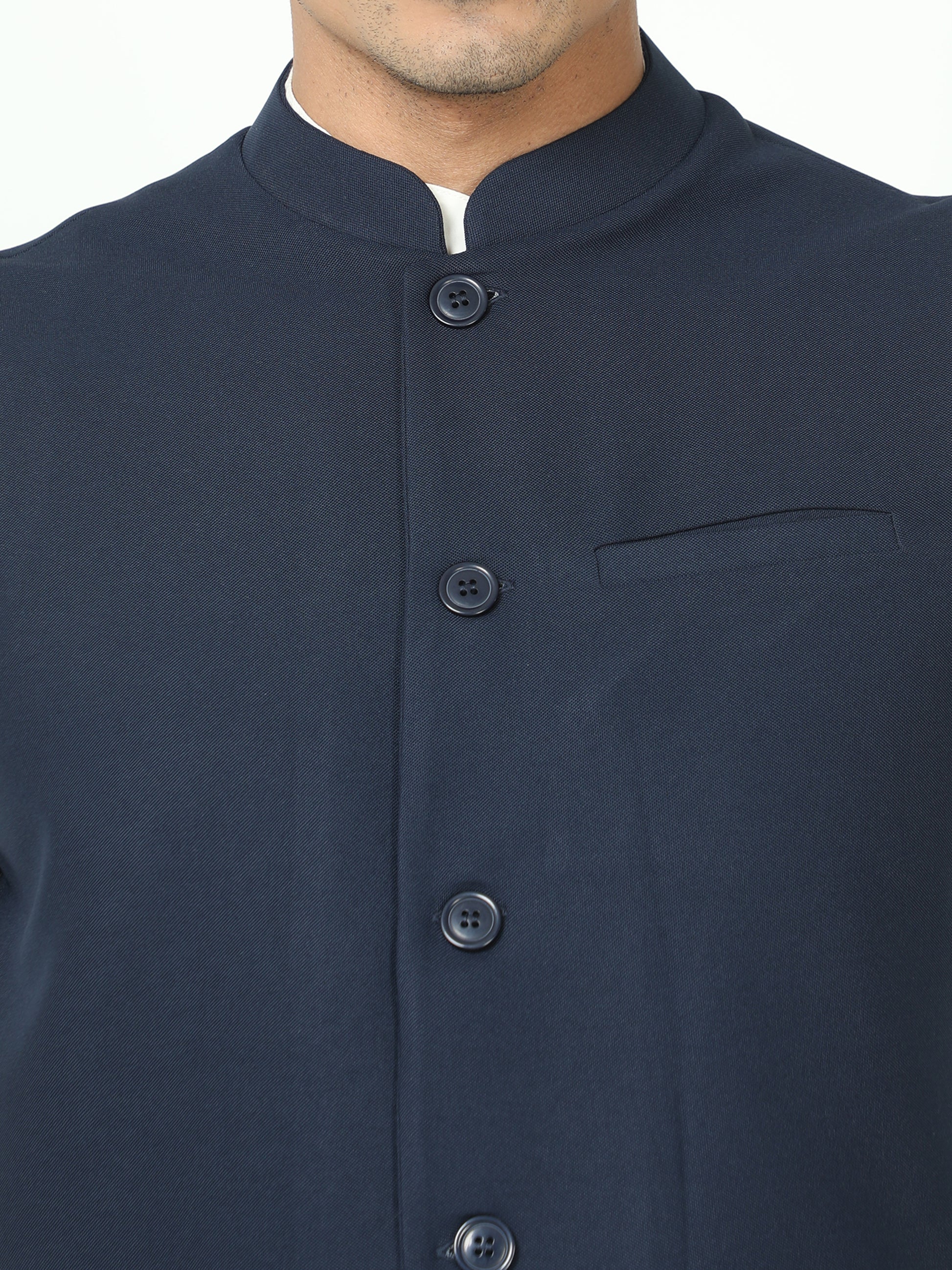 Close-up of Mandarin collar on Navy Solid Modi Jacket