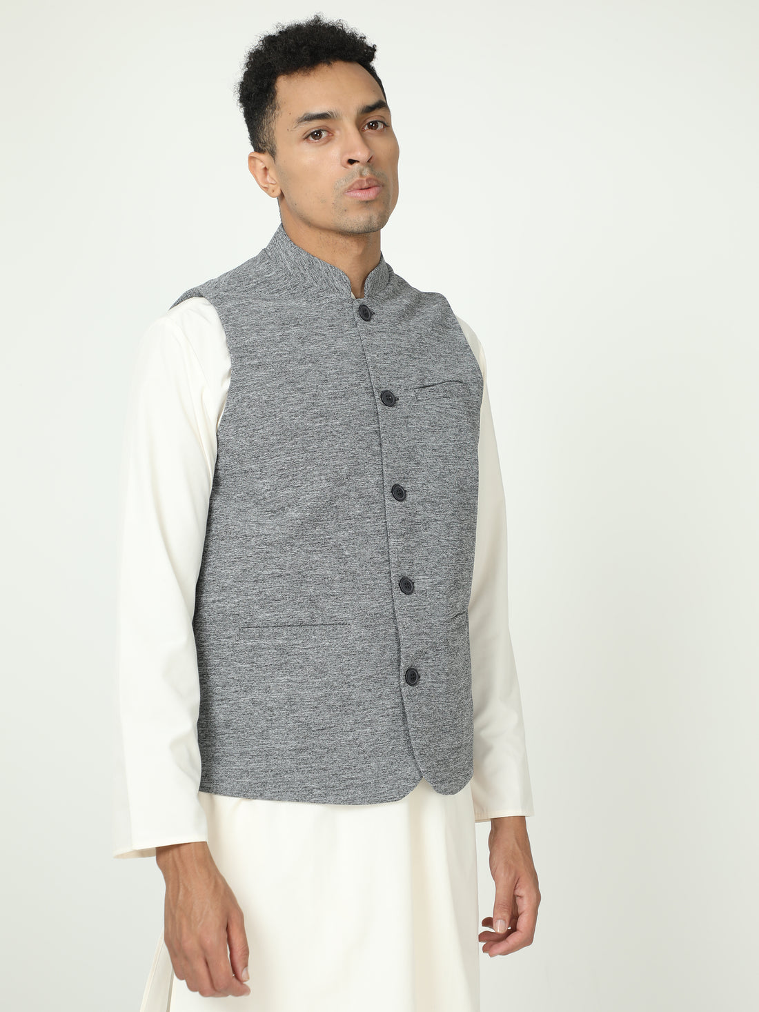 Front view of Men’s Solid Modi Coat in Black Melange with Mandarin collar