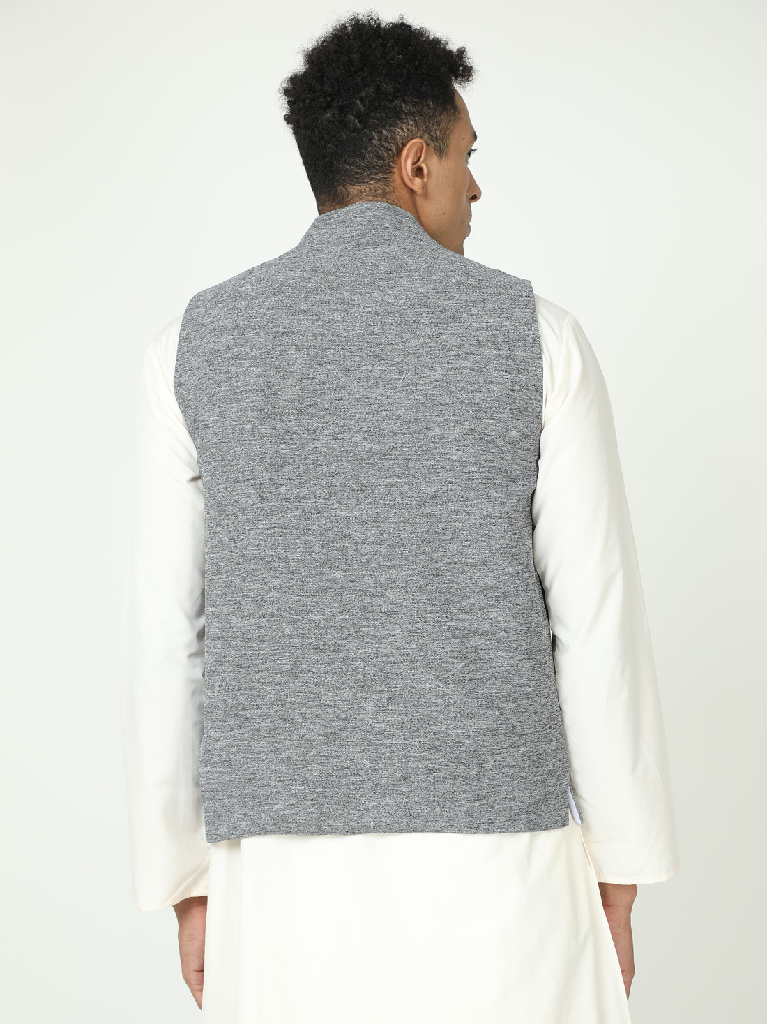 Back view of Black Melange Solid Modi Coat for men in slim-fit design