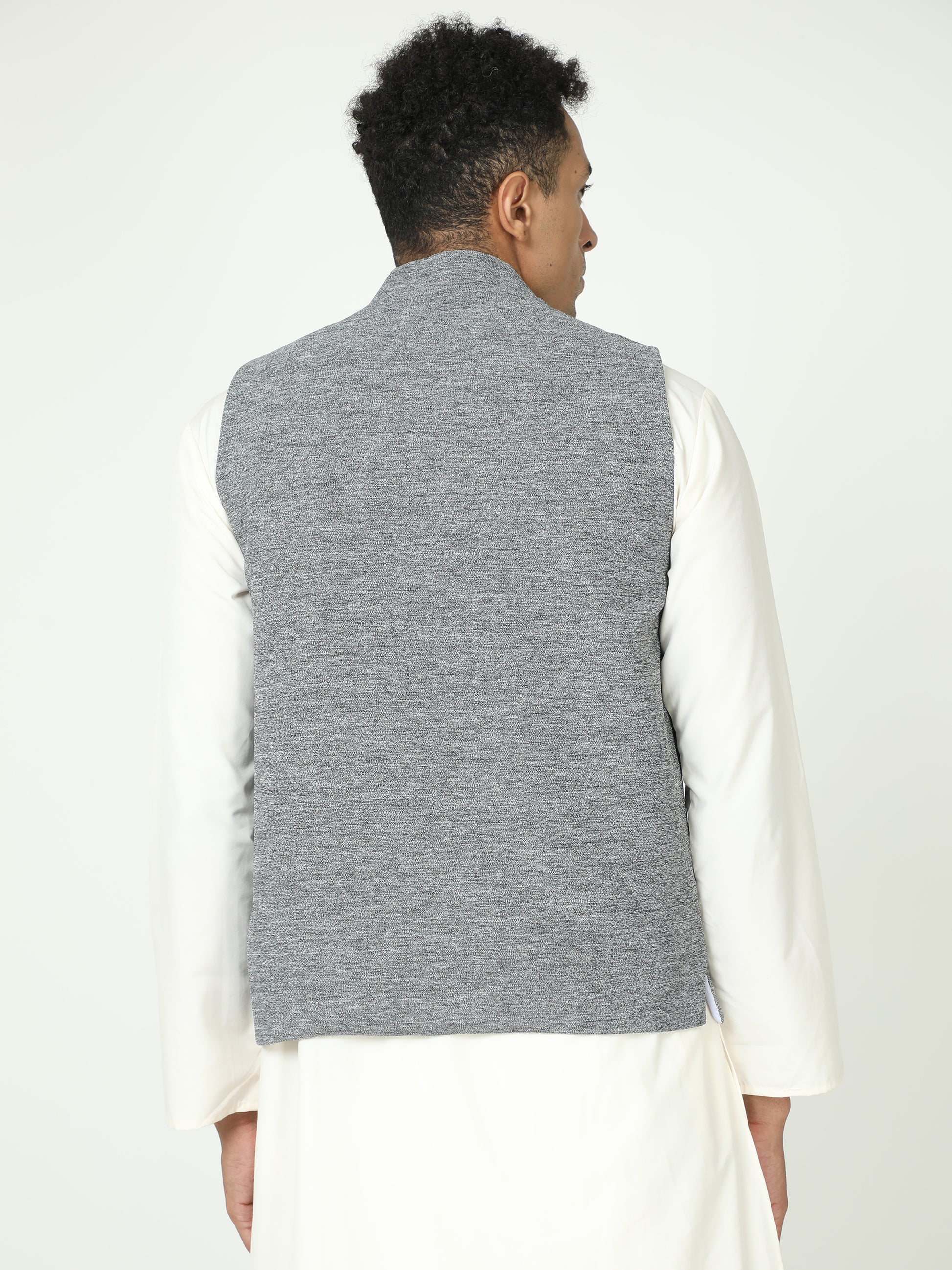 Back view of Black Melange Solid Modi Coat for men in slim-fit design
