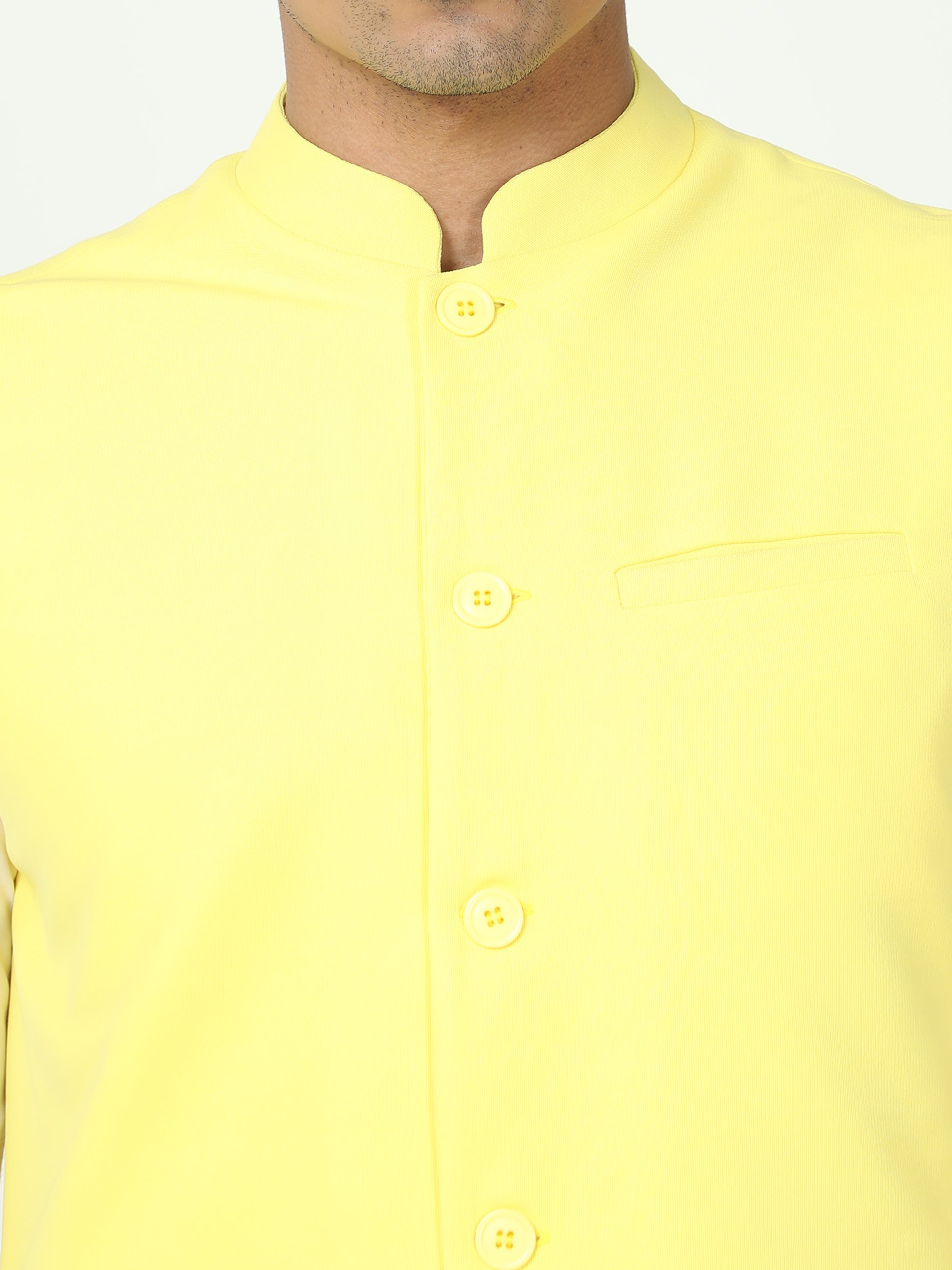 Close-up of Mandarin collar on Sunshine Yellow Solid Modi Jacket