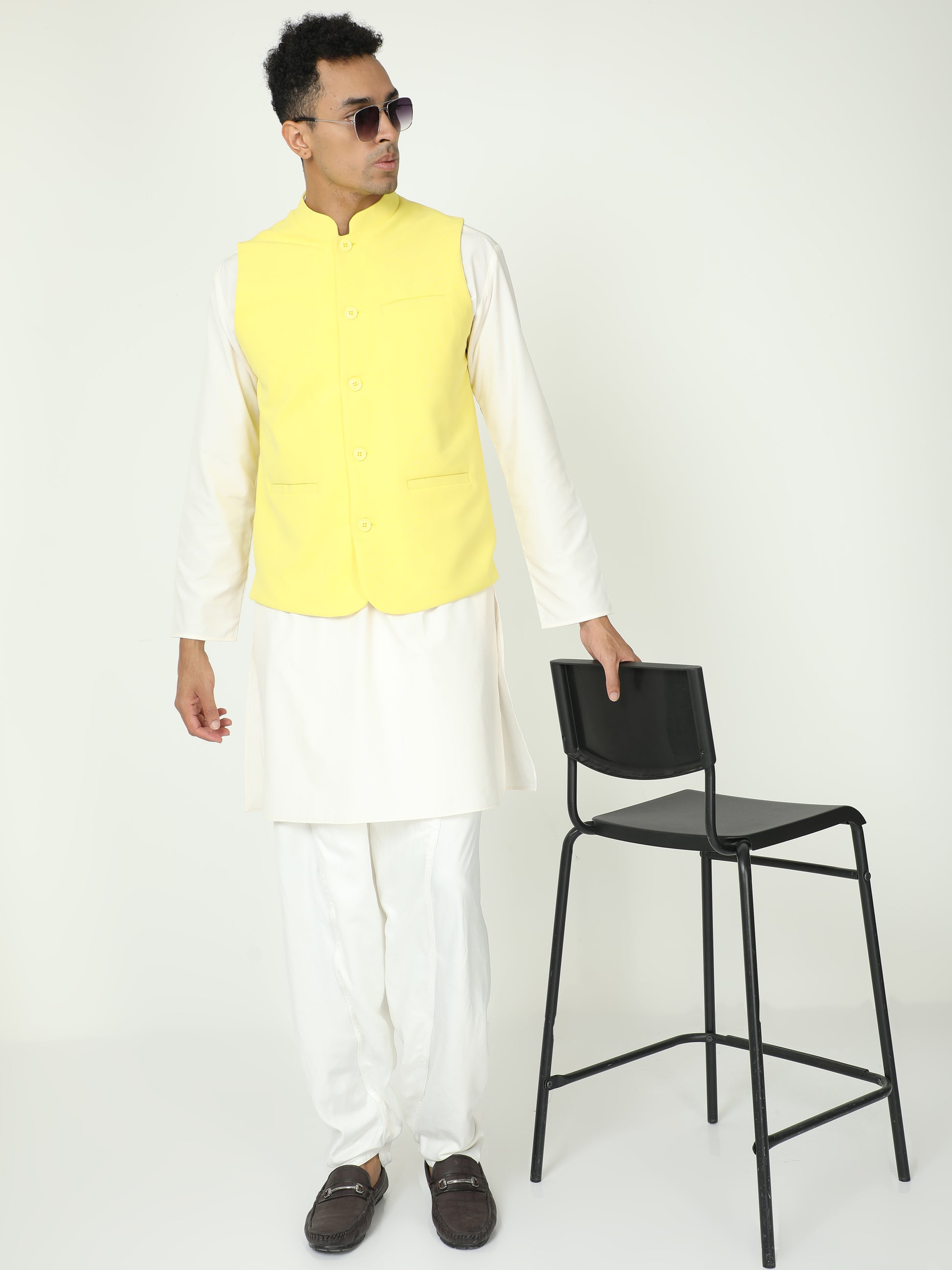 Model wearing Men’s Solid Modi Coat Sunshine Yellow styled with kurta