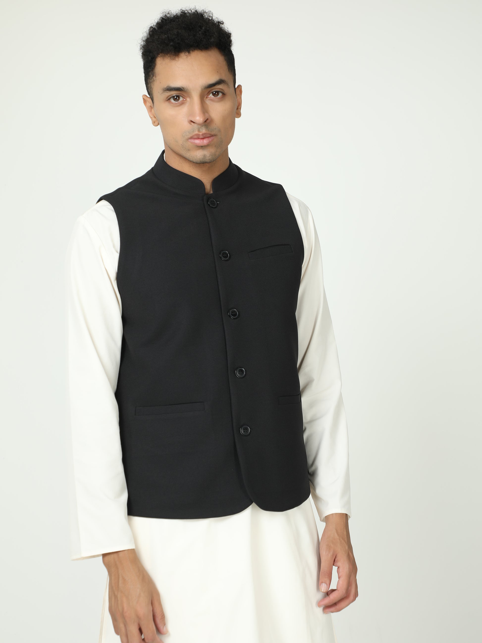 Front view of Men’s Solid Modi Coat in Black with Mandarin collar