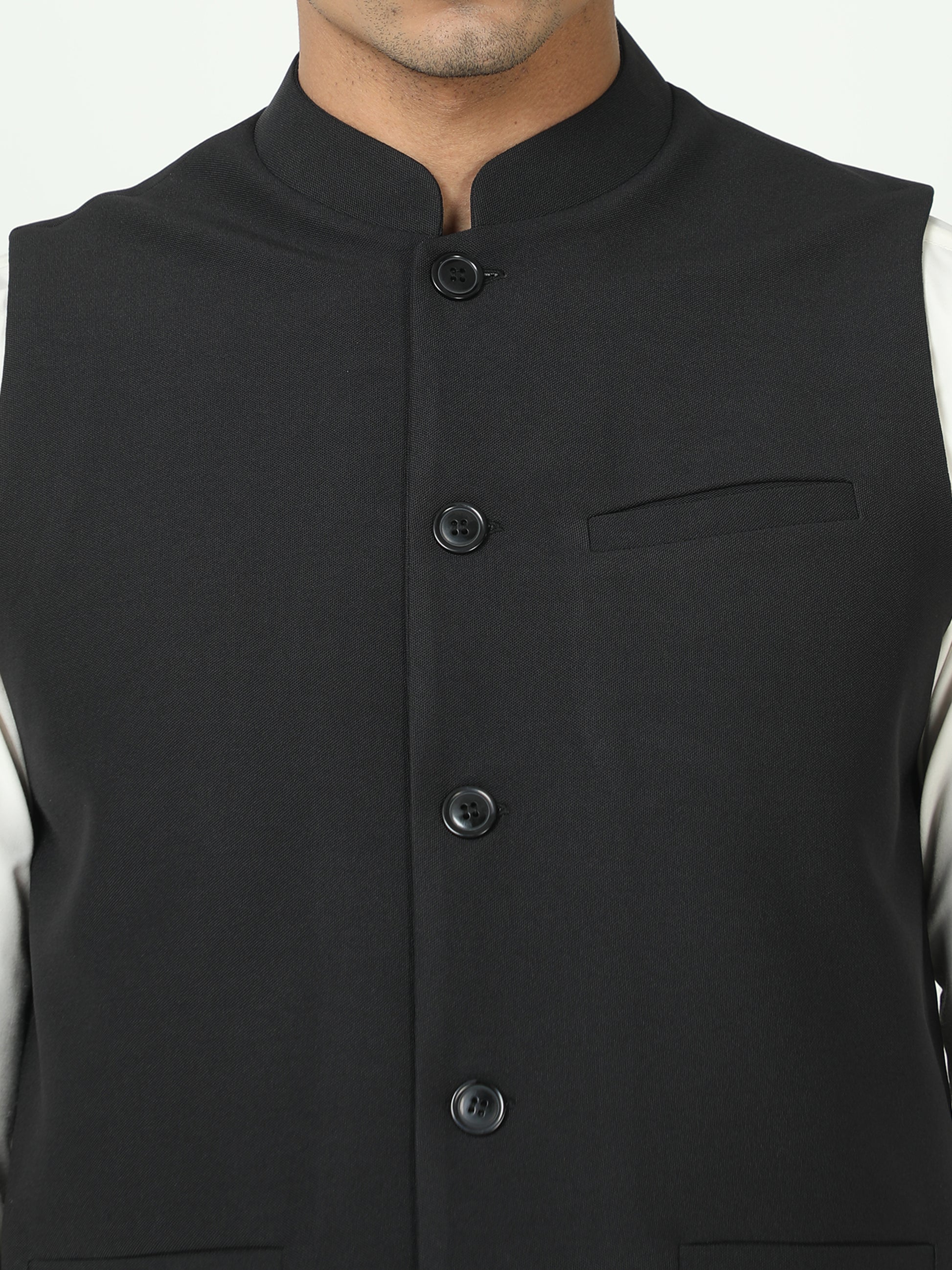 Close-up of Mandarin collar on Black Solid Modi Jacket