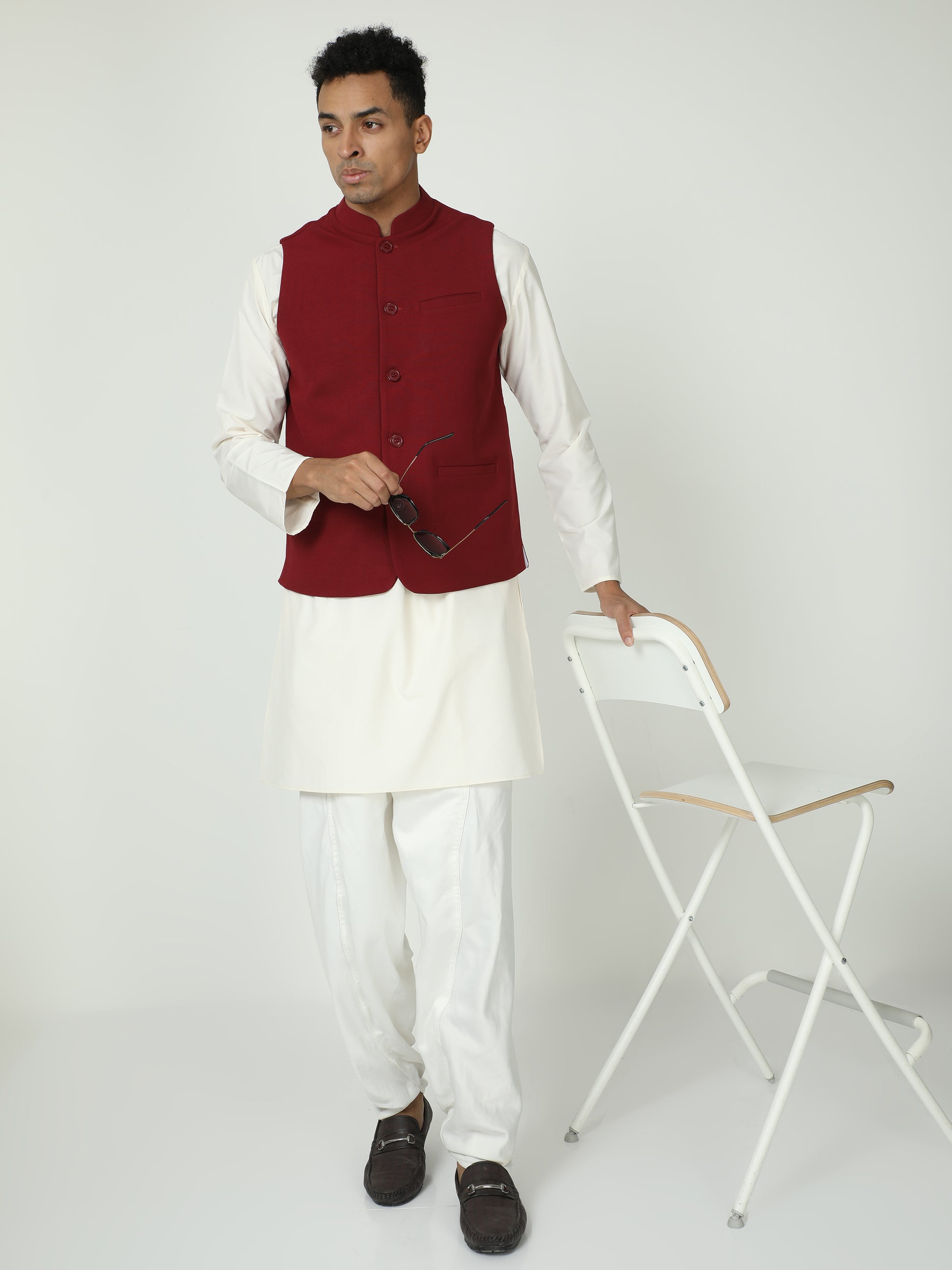 Model wearing Men’s Solid Modi Coat Redwine styled with kurta