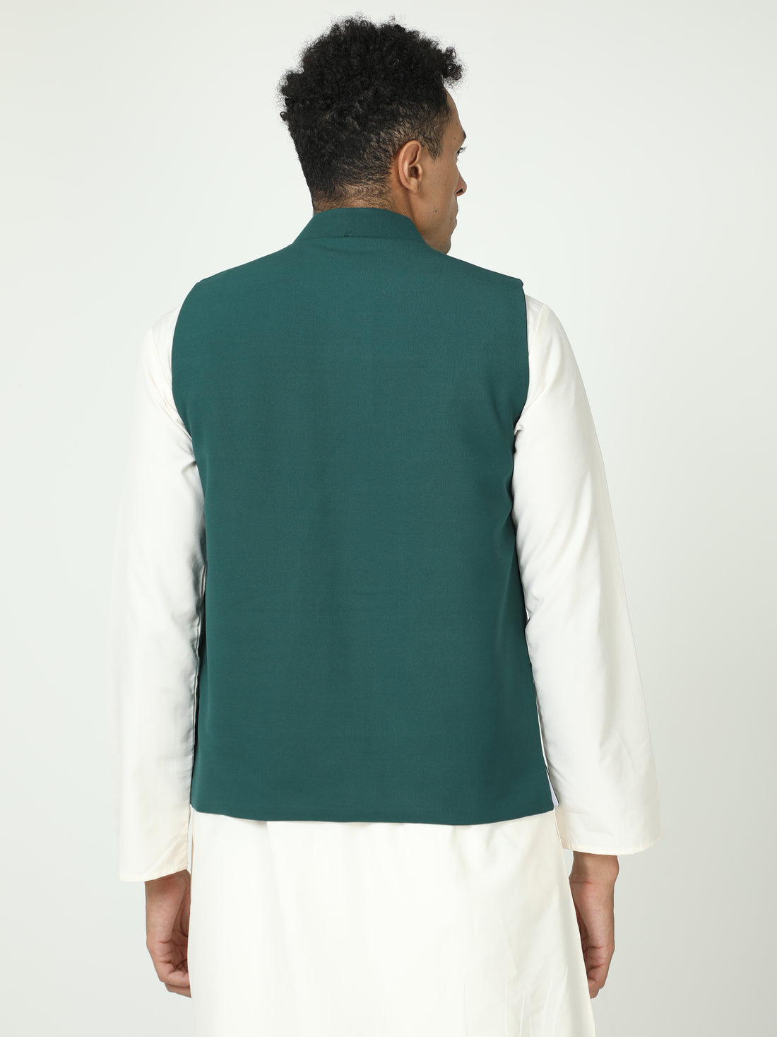 Back view of Bottle Green Solid Modi Coat for men in slim-fit design