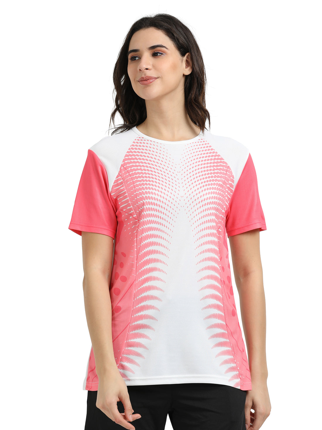 Women’s rPET Printed Performance Tee – Pink Shapes Abstract