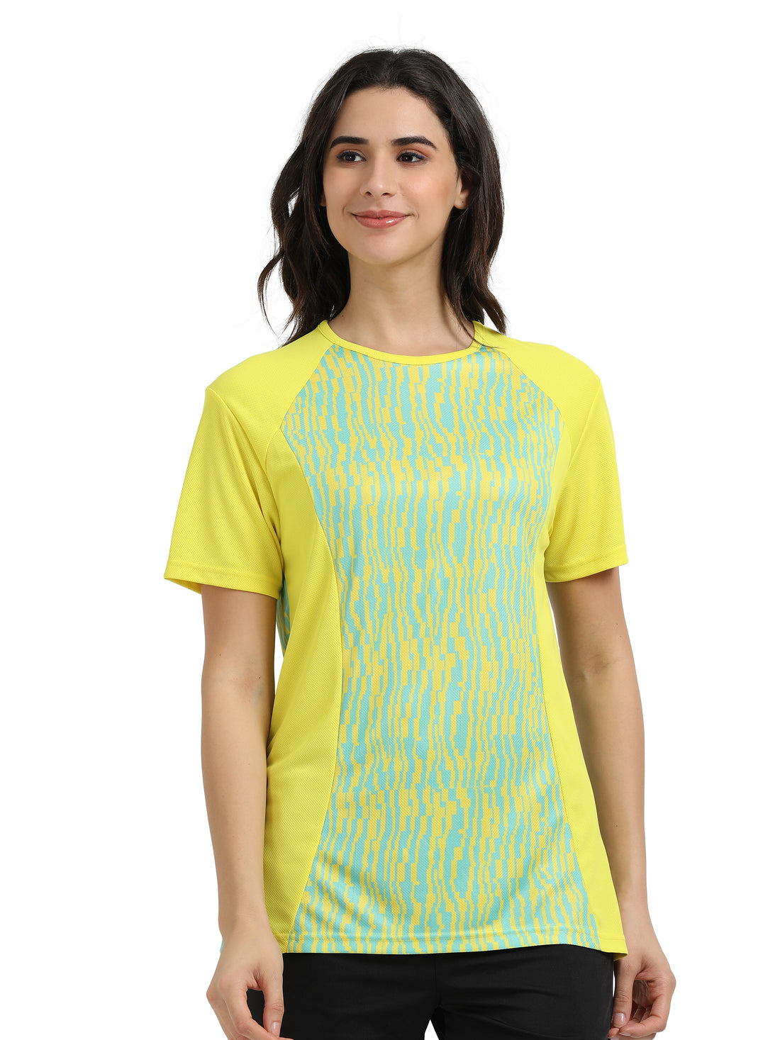 Women’s rPET Printed Performance Tee – Yellow And Teal Blocks