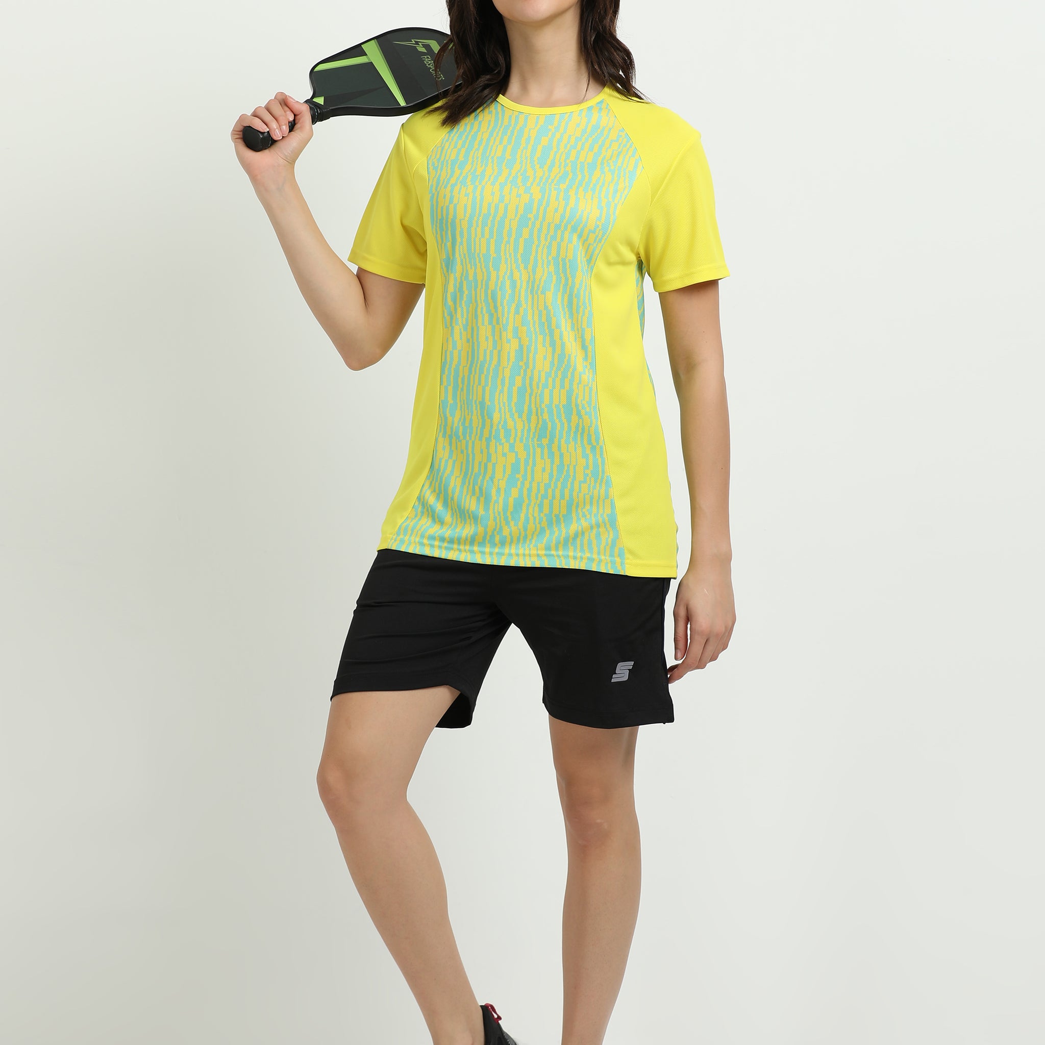 Women’s rPET Printed Performance Tee – Yellow And Teal Blocks