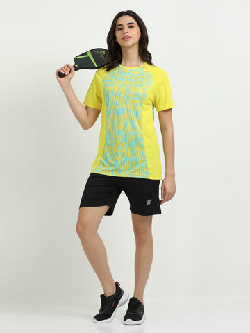 Women’s rPET Printed Performance Tee – Yellow And Teal Blocks