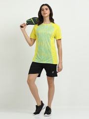Women’s rPET Printed Performance Tee – Yellow And Teal Blocks