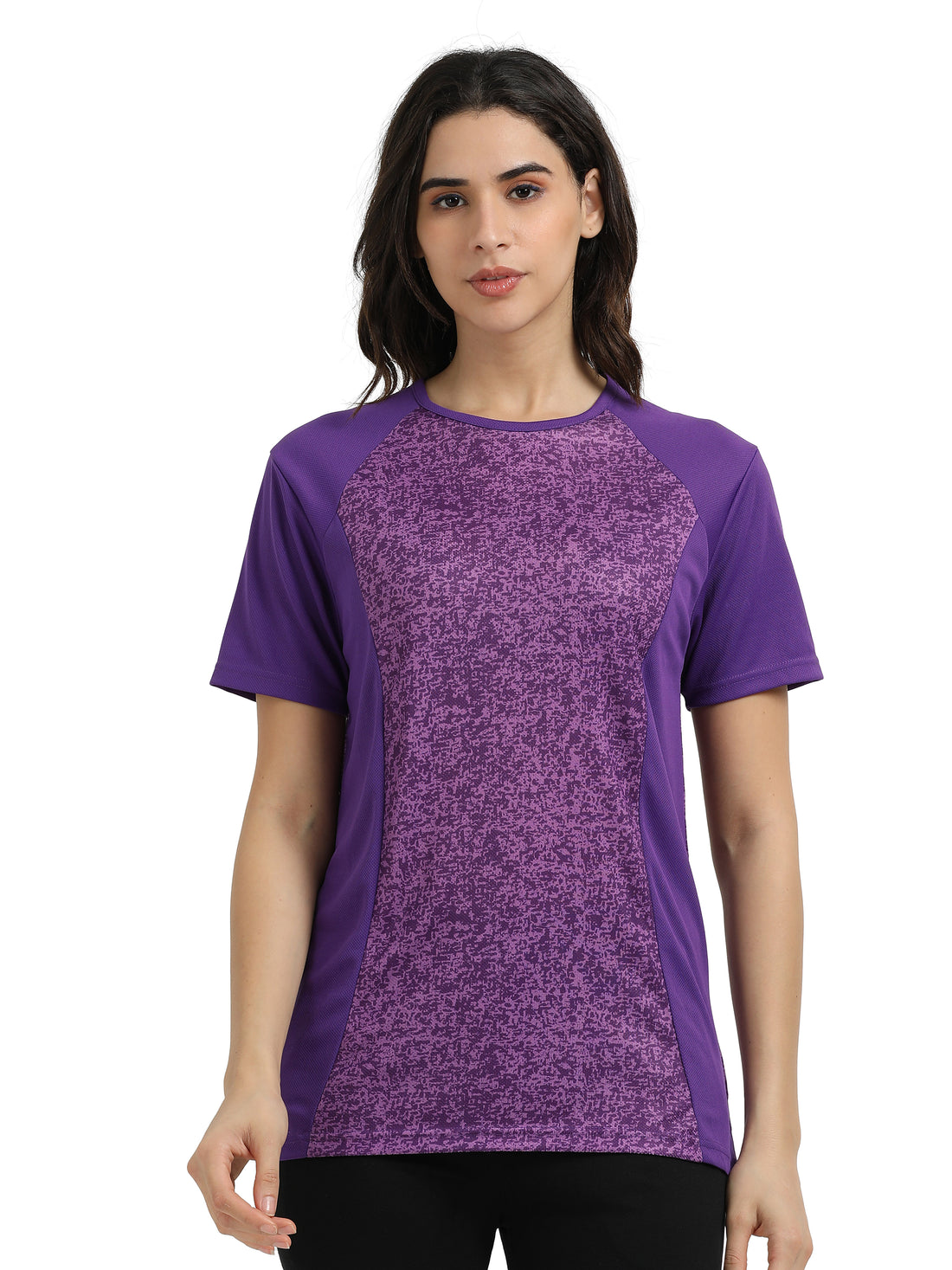 Women’s rPET Printed Performance Tee – Purple Brush Abstract