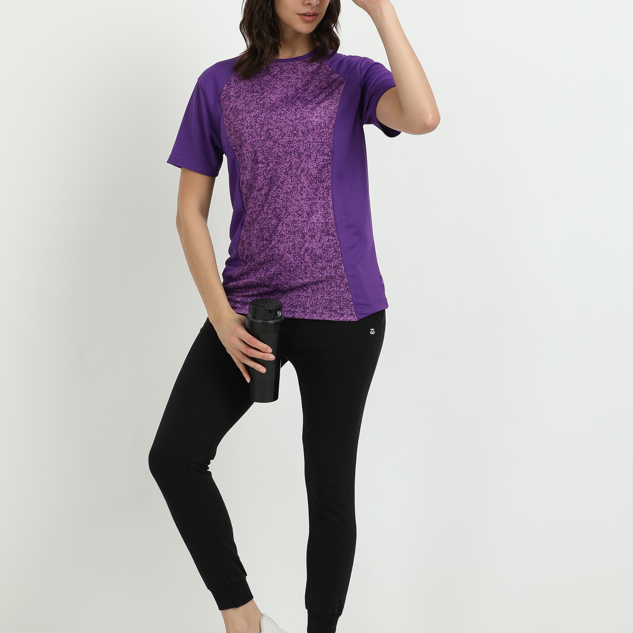 Women’s rPET Printed Performance Tee – Purple Brush Abstract