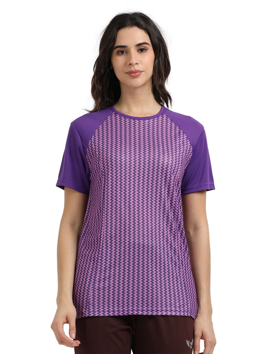 Women’s rPET Printed Performance Tee – Purple Zig Zag Pattern