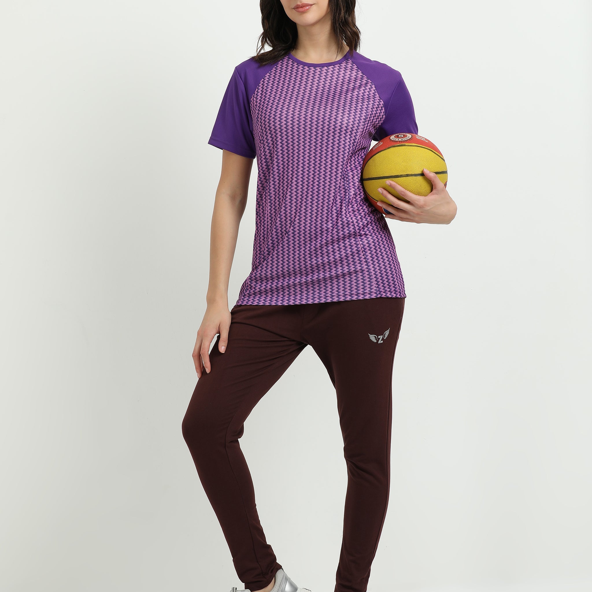 Women’s rPET Printed Performance Tee – Purple Zig Zag Pattern