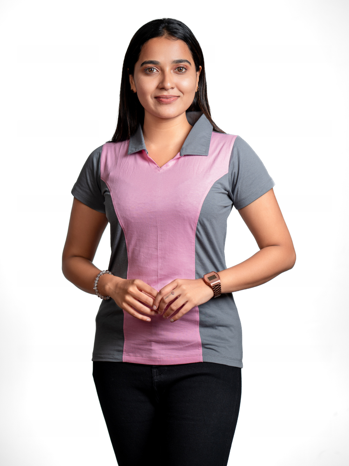 Women's Recycled Cotton Princess Cut Polo - Grey & Shell Pink