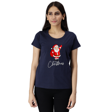 Women's Eco Round Neck TShirt with Chest Print - Happy Christmas - Navy