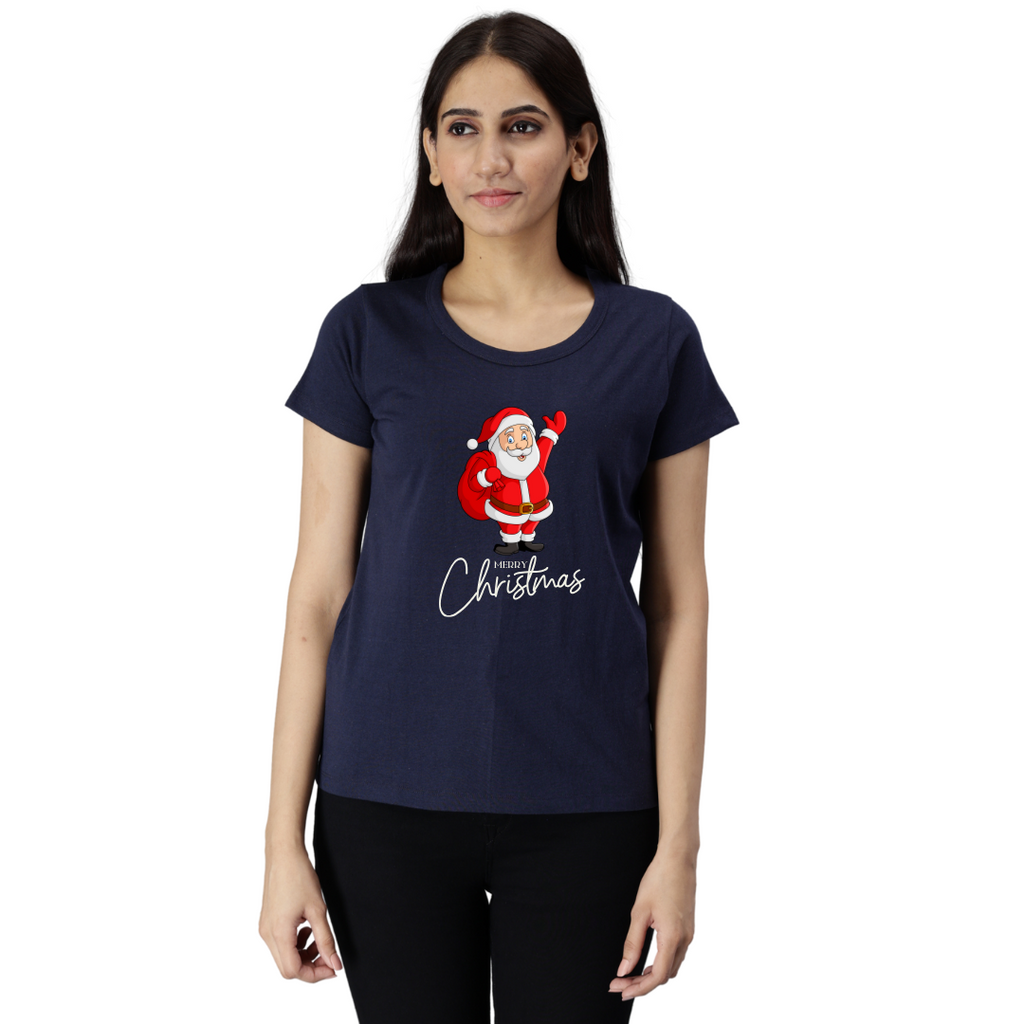 Women's Eco Round Neck TShirt with Chest Print - Happy Christmas