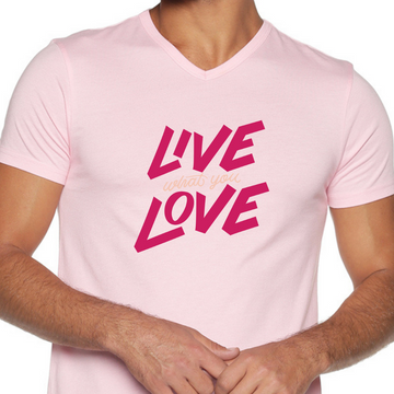 Men's Cotton V Neck with Chest Print - Live what you Love - Pink