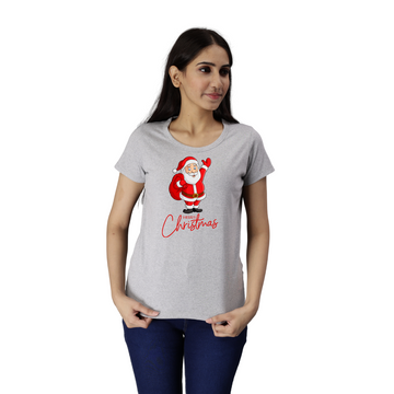 Women's Eco Round Neck TShirt with Chest Print - Happy Christmas - Grey
