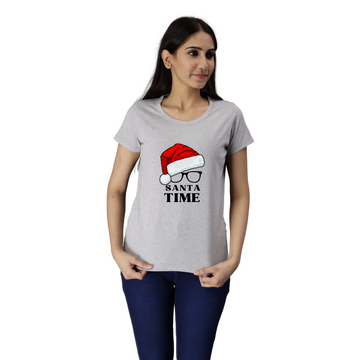 Women's Eco Round Neck TShirt with Chest Print - Santa Time - Grey