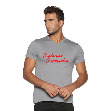 Men's Cotton V Neck with Chest Print - Thalaivar Thiruvizha - Grey