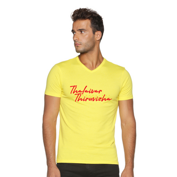 Men's Cotton V Neck with Chest Print - Thalaivar Thiruvizha - Yellow