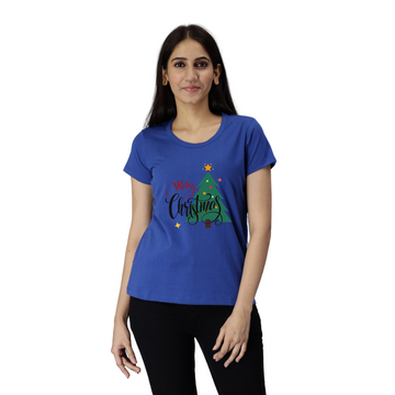 Women's Eco Round Neck TShirt with Chest Print - Merry Christmas(Option 2) - Imperial Blue