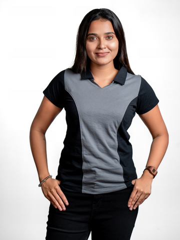 Women's Recycled Cotton Princess Cut Polo - Black & Grey