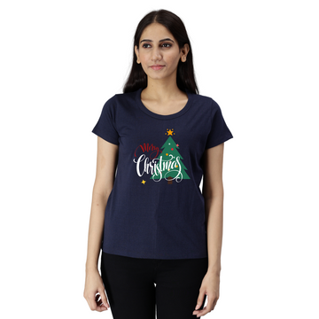 Women's Eco Round Neck TShirt with Chest Print - Merry Christmas(Option 2) - Navy