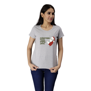 Women's Eco Round Neck TShirt with Chest Print - Christmas Vibes - Grey