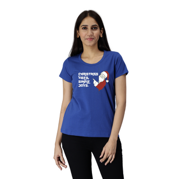 Women's Eco Round Neck TShirt with Chest Print - Christmas Vibes - Imperial Blue