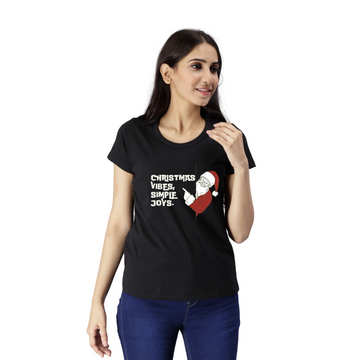 Women's Eco Round Neck TShirt with Chest Print - Christmas Vibes - Black