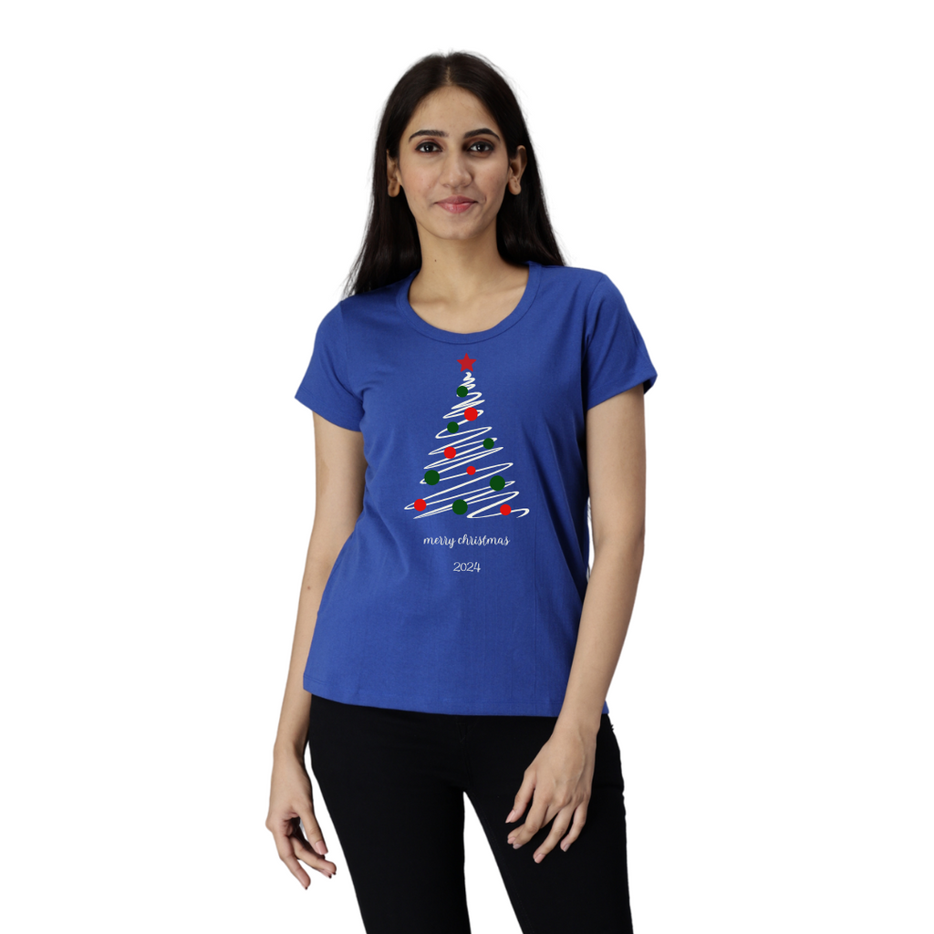 Women's Eco Round Neck TShirt with Chest Print - Merry Christmas(Option 3)