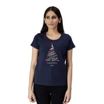Women's Eco Round Neck TShirt with Chest Print - Merry Christmas(Option 3) - Navy