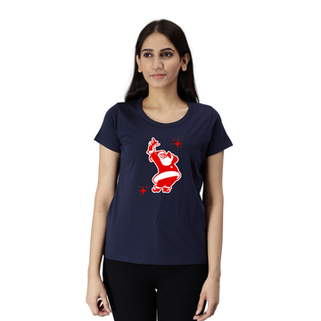 Women's Eco Round Neck TShirt with Chest Print - Santa - Navy
