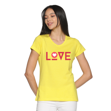 Women's Cotton V Neck TShirt with Chest Print - Love - Yellow
