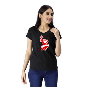 Women's Eco Round Neck TShirt with Chest Print - Santa - Black