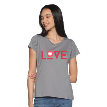 Women's Cotton V Neck TShirt with Chest Print - Love - Grey