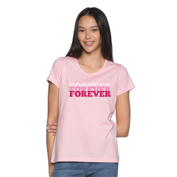 Women's Cotton V Neck TShirt with Chest Print - Forever - Pink