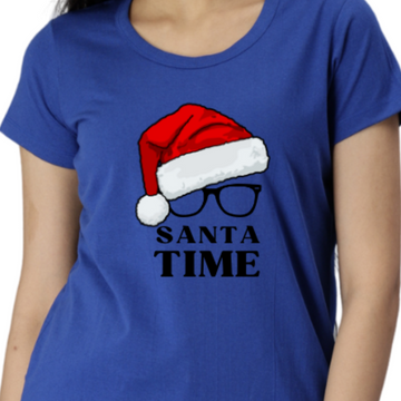 Women's Eco Round Neck TShirt with Chest Print - Santa Time - Imperial Blue