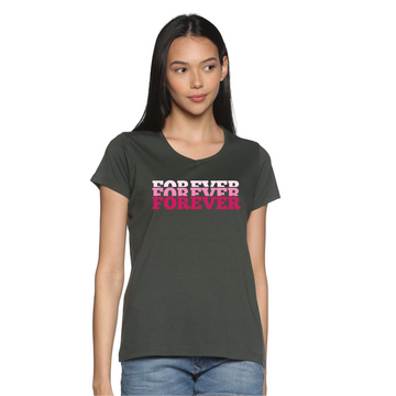 Women's Cotton V Neck TShirt with Chest Print - Forever - Bottle Green