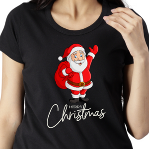 Women's Eco Round Neck TShirt with Chest Print - Happy Christmas
